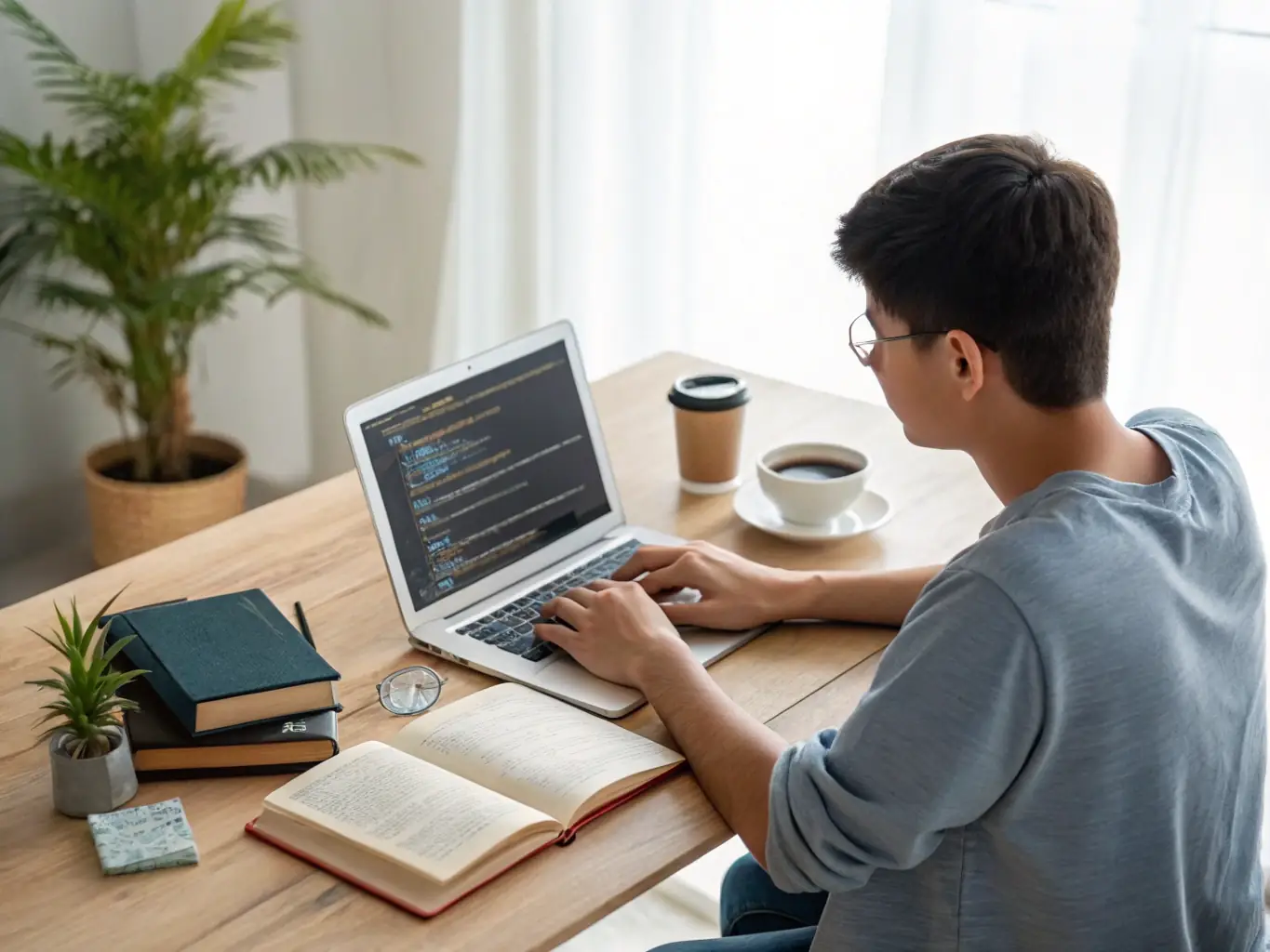 A young graduate working on a computer, accessing online resources and job boards provided by AFIJ, with a look of determination and focus.