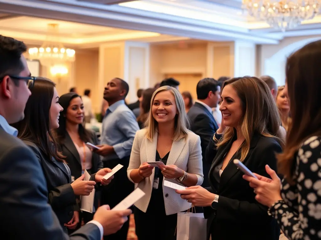 An image of young professionals attending a networking event, exchanging business cards and engaging in conversations, highlighting the importance of building professional connections.