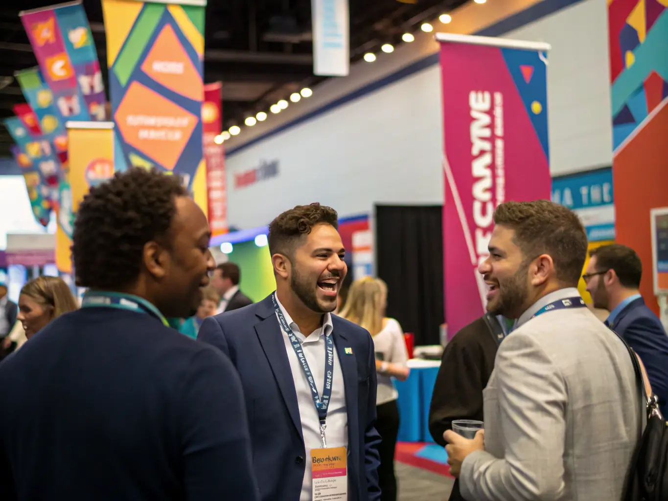 A diverse group of young professionals networking at an AFIJ-sponsored event, exchanging business cards and engaging in conversations.
