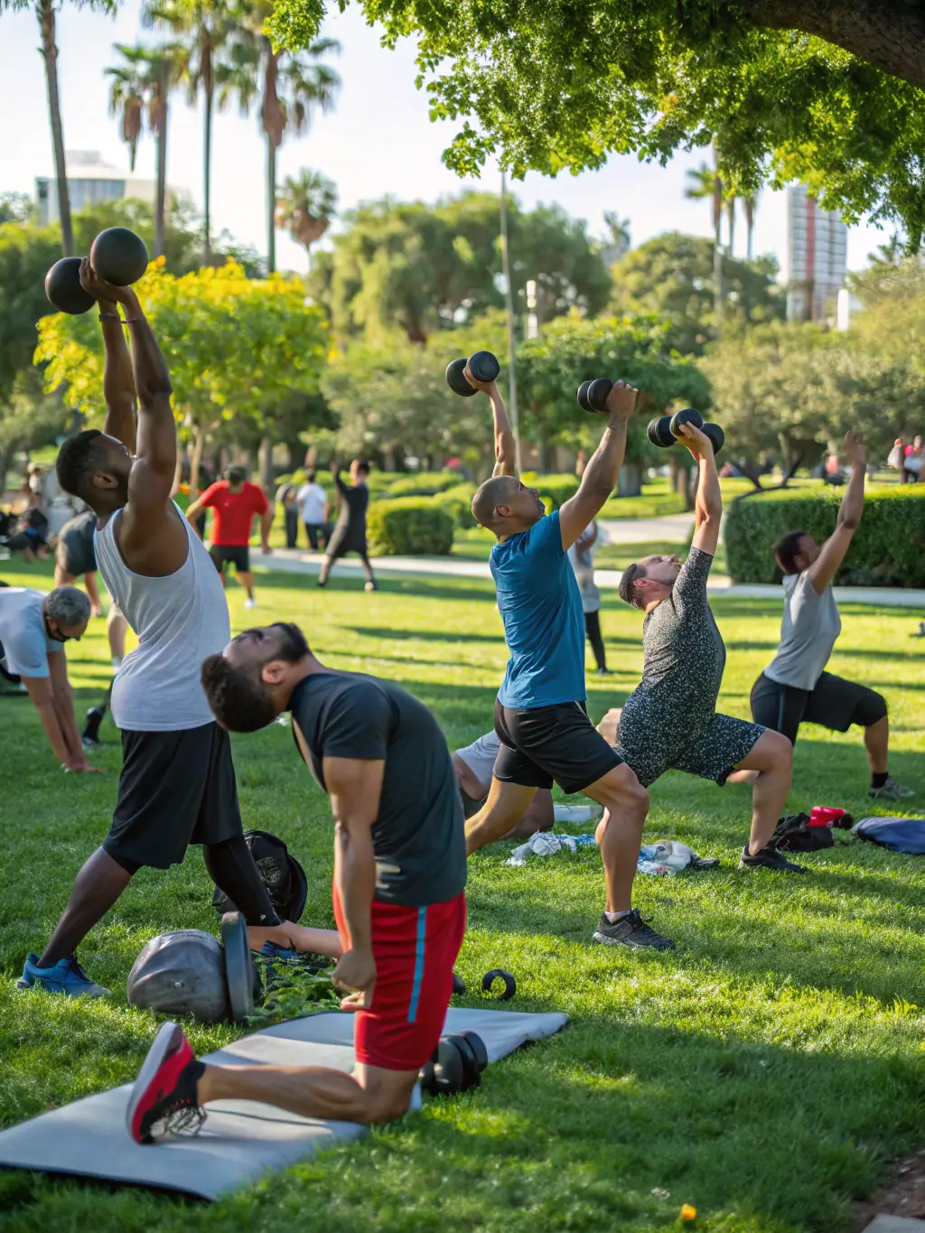A group of people doing a bootcamp workout in the park, focusing on strength and conditioning.