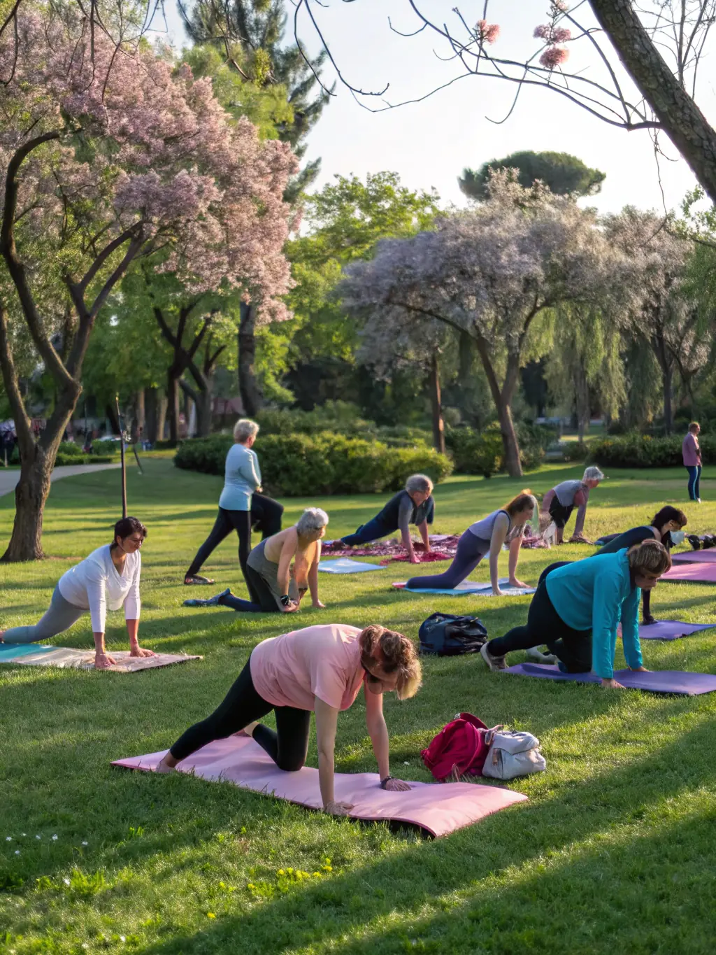 A group of diverse individuals participating in a morning yoga session in a sunlit park, emphasizing flexibility and mindfulness.