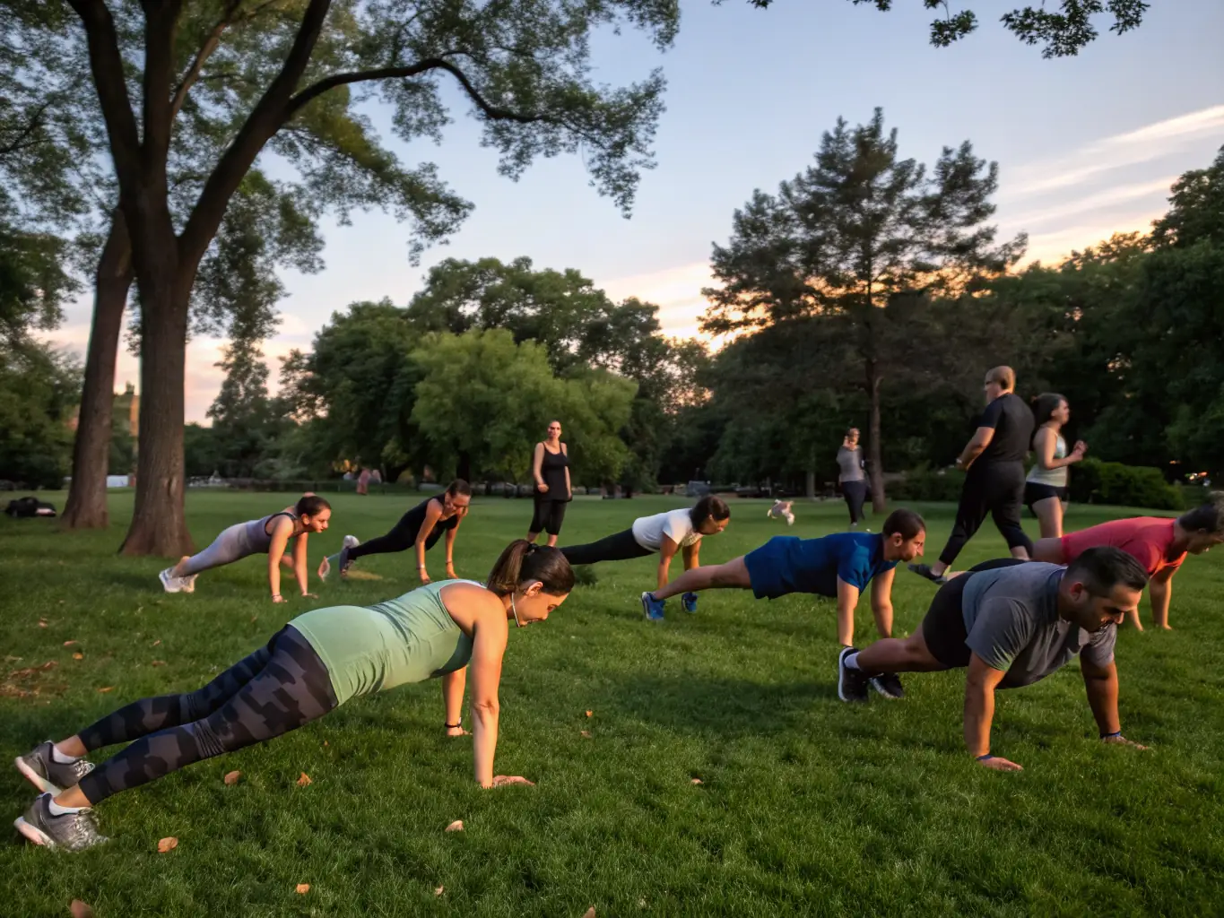 A group of people participating in an outdoor fitness class in a park, with a focus on dynamic movement and group interaction.