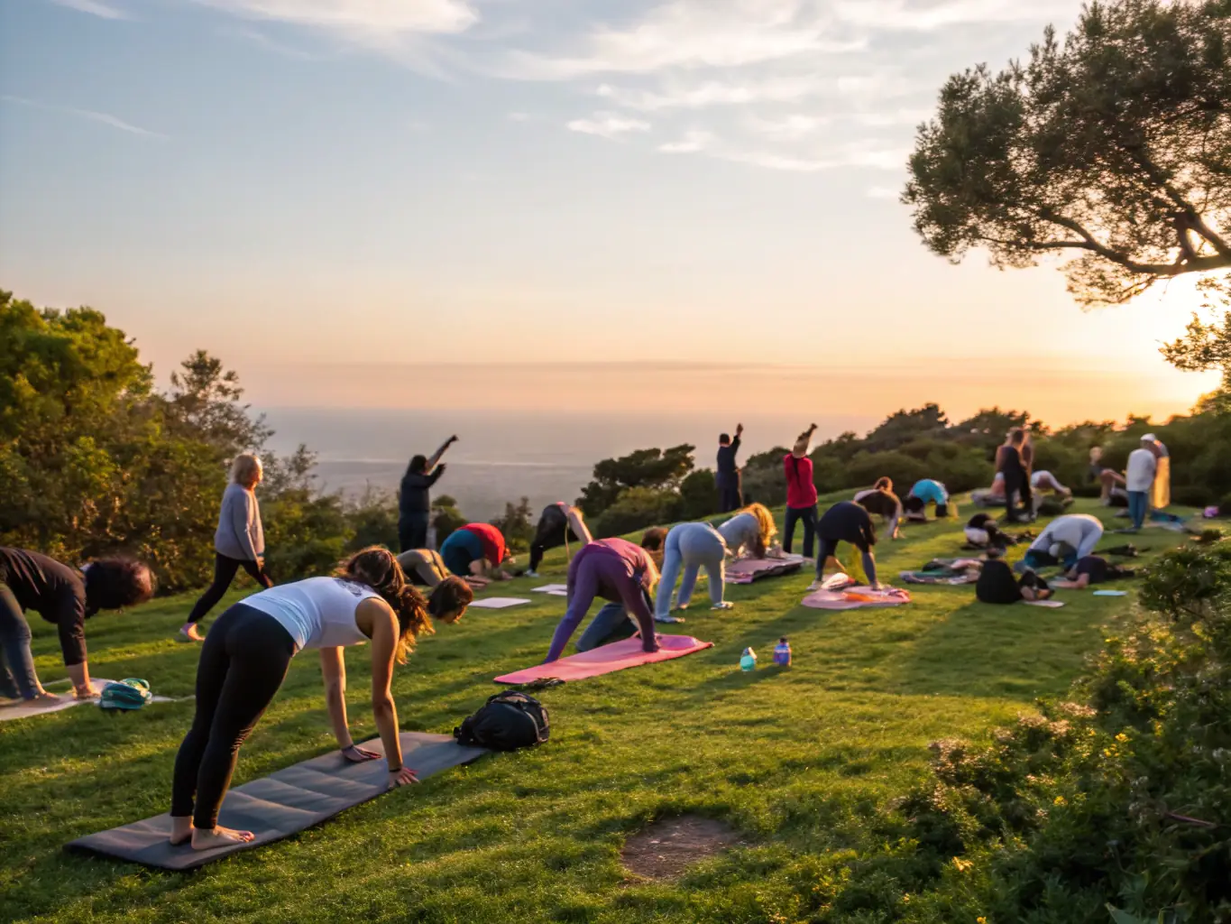 A group of people participating in a morning yoga session on a grassy field with trees in the background, bathed in soft sunlight, promoting relaxation and flexibility.