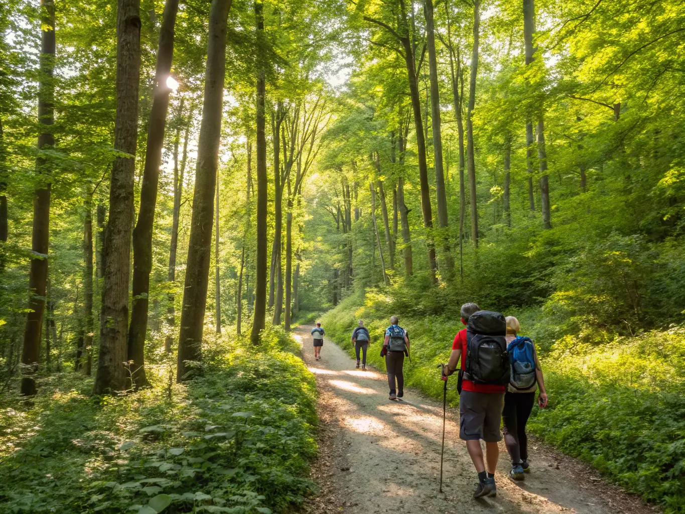 A group of people hiking through a lush forest trail, with sunlight filtering through the trees, showcasing the beauty of nature and the benefits of outdoor exercise.