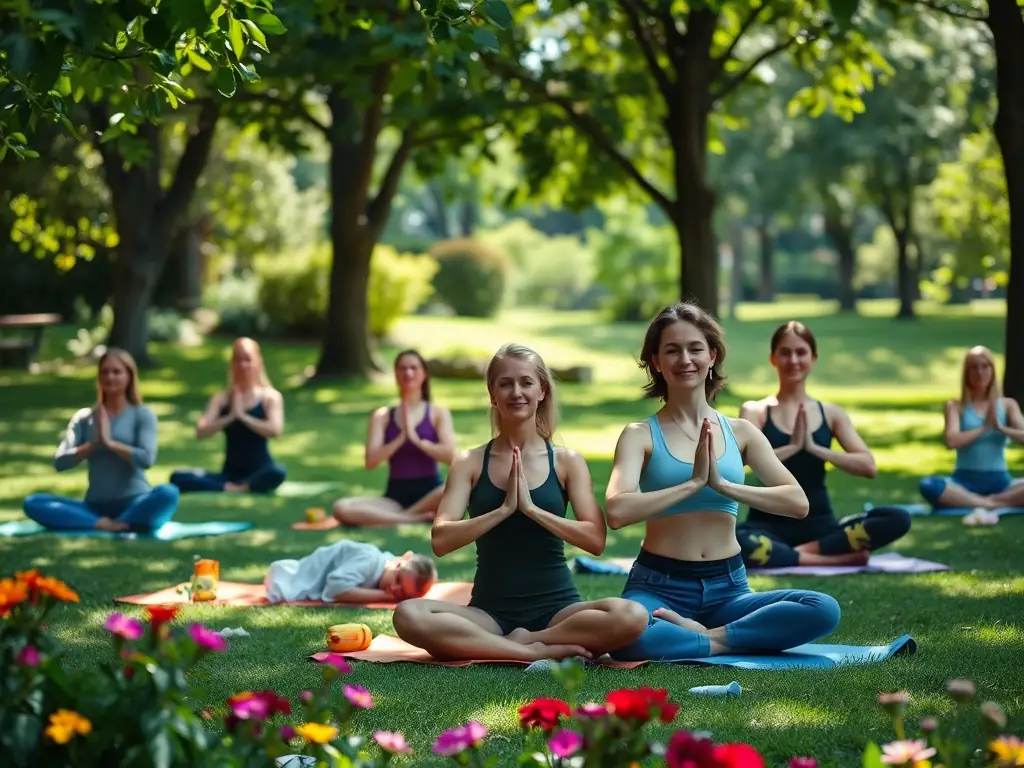 A yoga instructor leading a class in a serene outdoor setting, emphasizing relaxation and mindfulness.