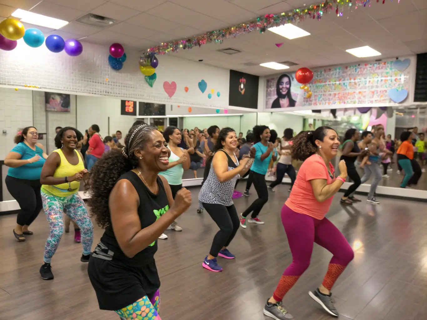 A diverse group of people participating in a high-energy Zumba class in a brightly lit studio, with an instructor leading the dance moves, promoting fun and fitness.