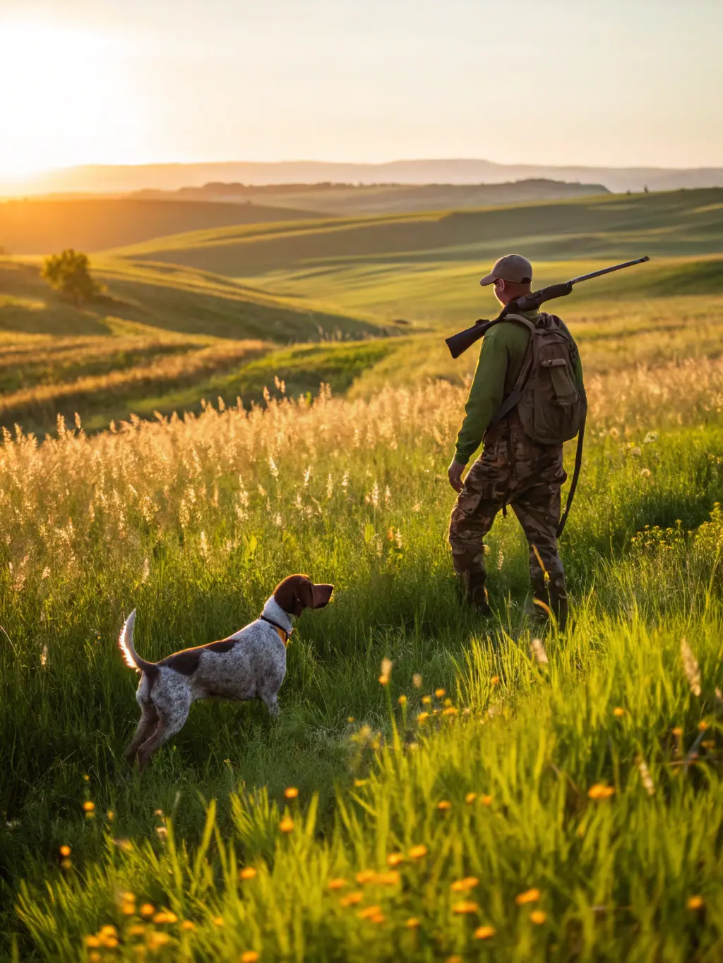 A hunter and a dog walking through a field during a pheasant hunt, emphasizing responsible hunting and game retrieval.