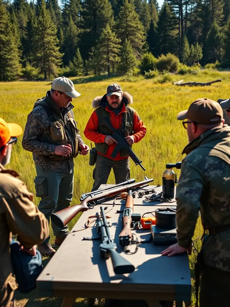 A photograph depicting a group of hunters participating in a hunter education program, focusing on safe firearm handling techniques.
