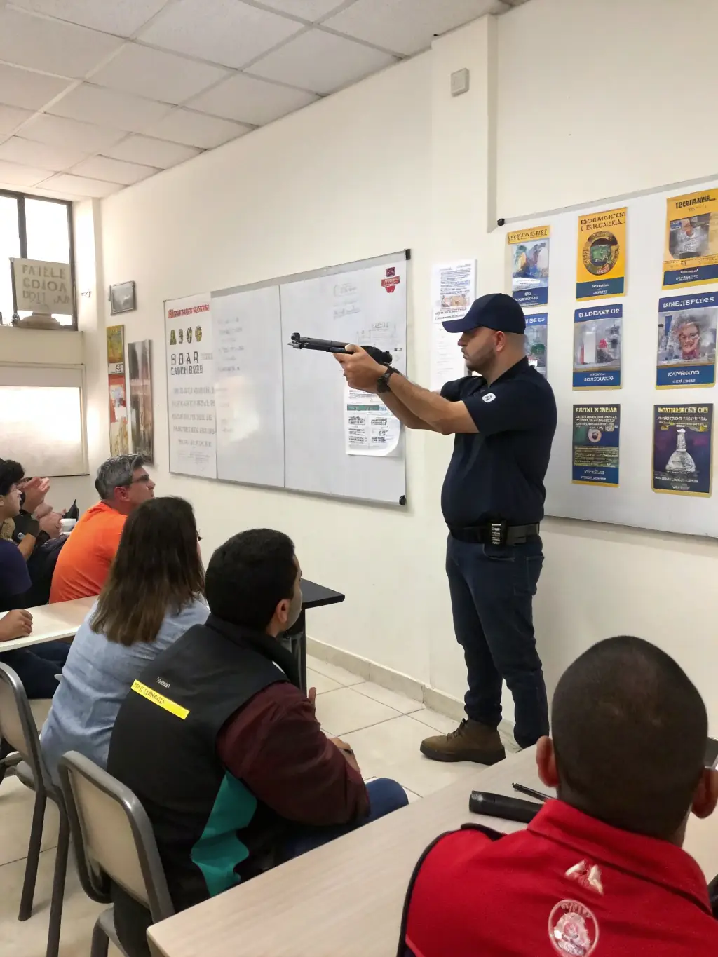 A group of hunters participating in a hunter education course, learning about firearm safety and ethical hunting practices in a classroom setting.