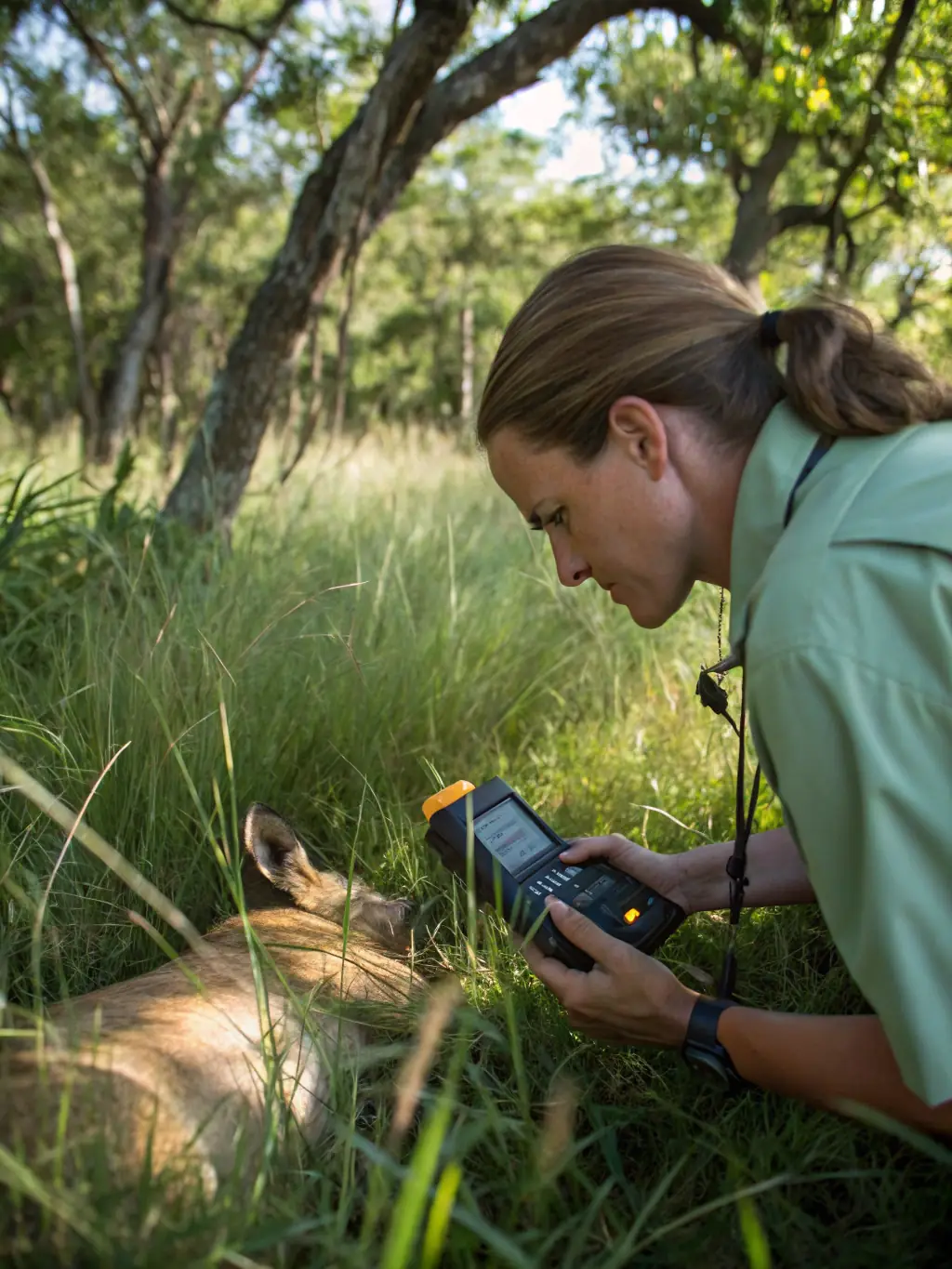 A wildlife biologist tagging a deer as part of a game management program, showcasing data collection and conservation efforts.