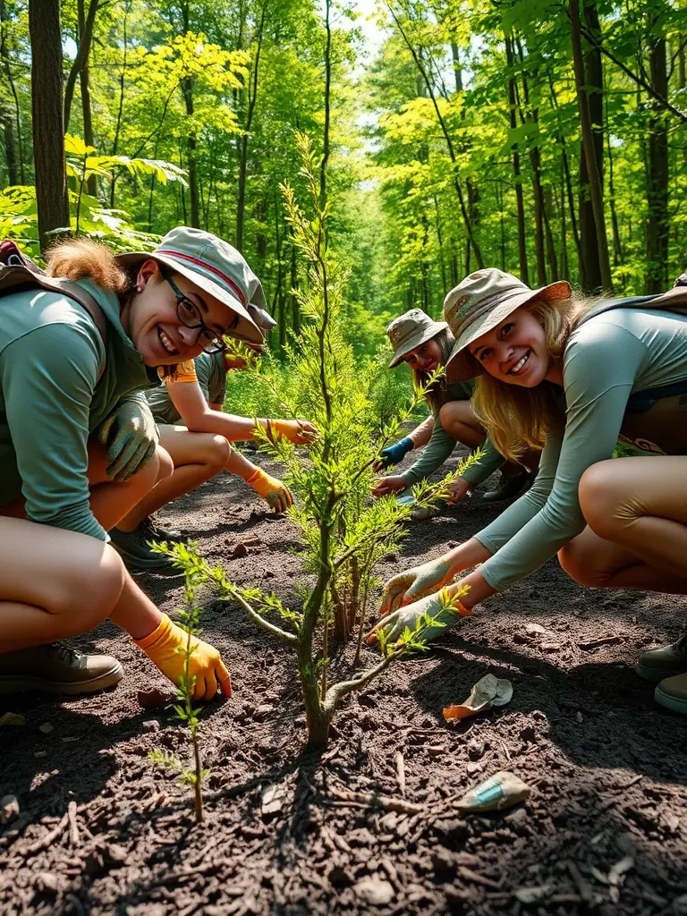 A picture of association members working on habitat improvement, such as planting native trees and shrubs.