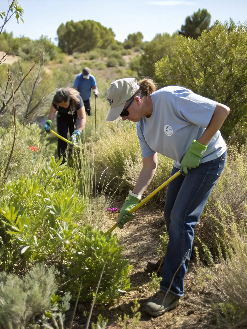 A photograph of association members participating in a species control program, focusing on invasive species removal.